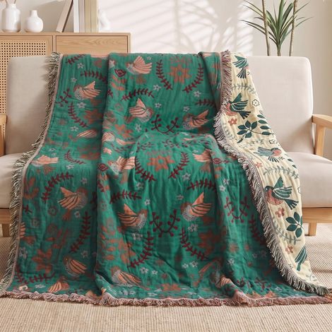 Plaid Boho 230 × 250 cm, Coton Ultra Doux Floral et Oiseau Vert, Jeté Style Bohème Floral Rustique pour Canapé et Fauteuil, 1 Pièce (1/5)