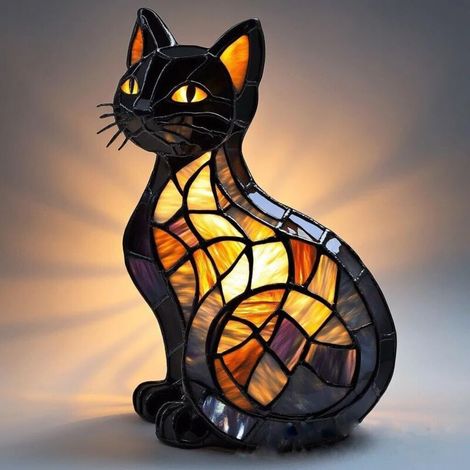 Lampe Chat, Vitrail Veilleuse Chat, RéSine ColoréE DéCoration Vintage Lampe En Forme De Chat, Table Led CréAtive DéCorative, Pour La DéCoration De La Chambre Et Du Salon