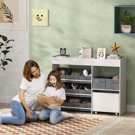 Meuble de rangement enfant blanc, 11 bacs en tissu, étagères hautes, 3 stickers décoratifs inclus