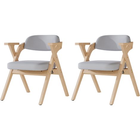 Chaises de salle à manger Lot de 2 Chaises de cuisine avec accoudoirs 45x45x76cm Cadre en bois massif Pliable et empilable Lin Gris