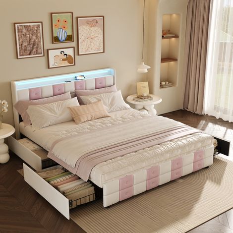 Letto 140x190 cm con testiera a quadri, 4 cassetti, LED regolabili e porta USB, struttura in velluto, letto per adulti - Rosa