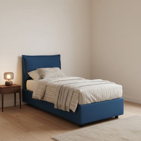 Talamo Italia Cama individual Penelope, Cama contenedor con revestimiento de tela, 100% Made in Italy, Apertura frontal, con colchón Cm 90x190 incluido, Azul, con embalaje reforzado (1/5)