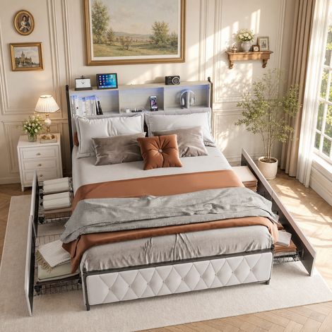 Lit Double 180x200 cm Velours Beige, Tête de lit avec rangement USB Type-C LED, 4 tiroirs cadre métal sommier à lattes, meuble chambre adulte design moderne