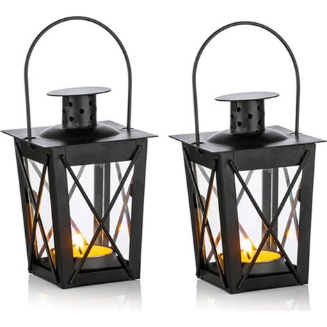 Lanterne en Verre À Terre/Suspendue, Lanterne en Verre Portable, Bougie Chauffe-Plat Petite Lanterne Rétro De Fer, Suspension De Décoration D’Intérieur/Cour (Noir, 2 Pcs) (1/5)