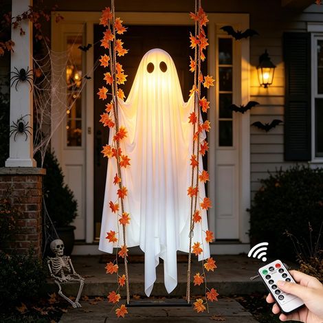 Décoration d'Halloween fantôme suspendu sur une balançoire - Décorations d'Halloween extérieures avec fantôme sur une balançoire pour jardin, cour, porche, arbre, 134 cm, grande, effrayante et mignonn (1/4)