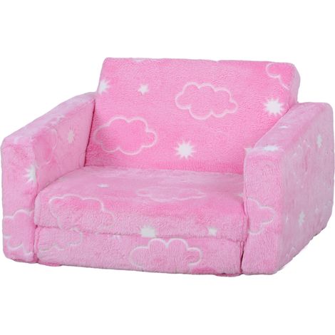 Canapé Infantil Plegable 2 en 1 Tapizado Tela Luminosa Patrón Nubes Cojín Funda Lavables Rosa 130x80cm (1/5)