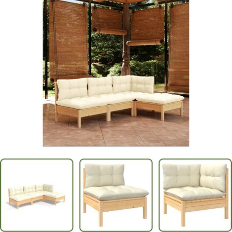 Holzgartenmöbel - 4-tlg. Garten-Lounge-Set mit Creme Kissen Kiefernholz (1/5)