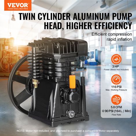 Tete pompe compresseur air 3CH 5.8CFM @ 90PSI, bi-cylindre lubrifiee huile, piston remplacement alu mono-etage 116PSI max (1/5)