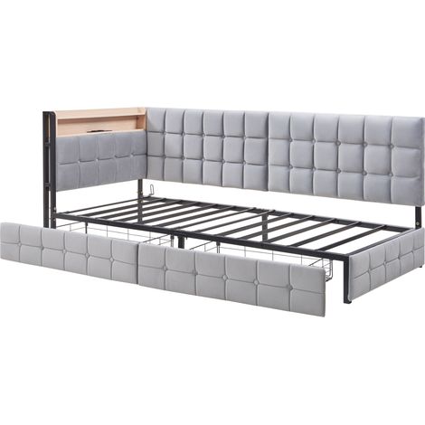 Lit capitonné 90 x 200 cm gris avec 2 tiroirs, éclairage LED et ports USB Type-C (1/5)