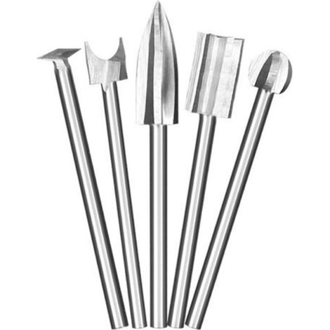Lot de 5 fraises à bois compatibles avec outil rotatif Dremel - Lot de 5 couteaux de sculpture sur bois - Avec tige de 1/8" - Pour bricolage, sculpture, gravure, microcarving (1/5)