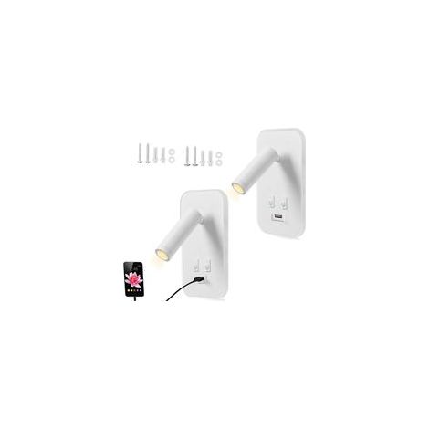 Liseuse de Chevet, 2PCS Applique Murale LED avec Interrupteur et Port de Charge USB, 3W Fixation Murale Spot Rotatif, Lumières Mural Lit Noir Lampe Murale Couloir Hotel