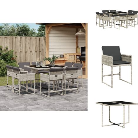 9-tlg. Garten-Essgruppe mit Kissen Hellgrau Poly Rattan - Gartenmöbel - Essgruppe - Outdoor Möbel - Terrassenmöbel - Rattan Gartenmöbel (1/5)