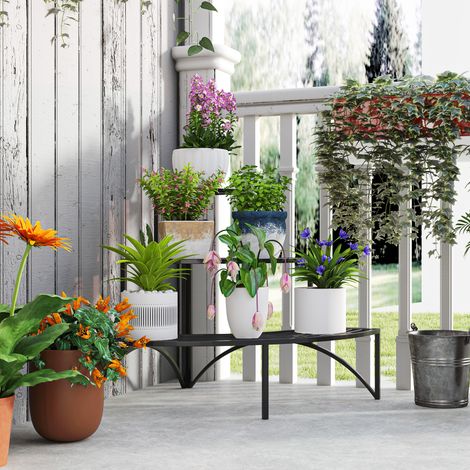 Eckpflanzenständer, Blumenständer mit 3 Ebenen, Metall, für drinnen und draußen, Blumentopfständer, Schwarz (1/5)