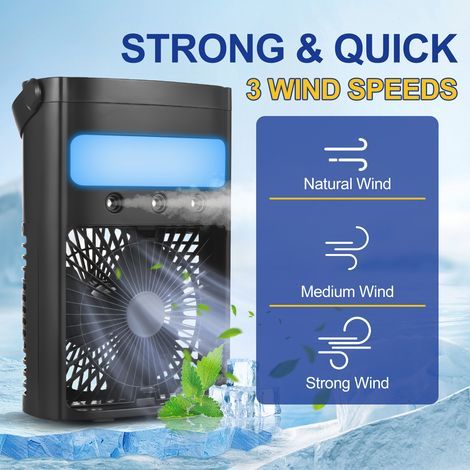 Portable fan with air conditioning, 700 ml water tank, 3 speeds, 3 misting modes, 7-color LED light, 2/4 hour timer (1/5)