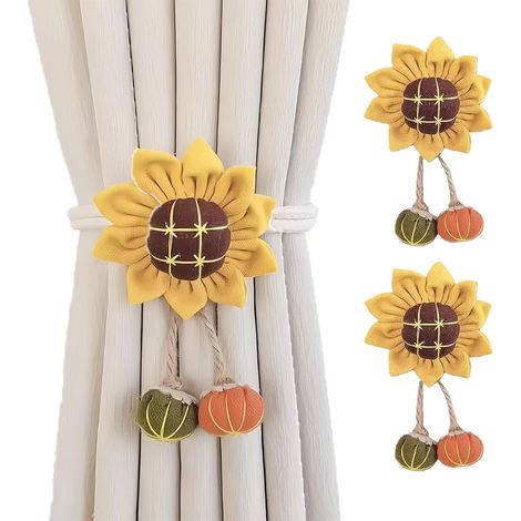 Lot de 2 embrasses fleurs artificielles avec boules pour rideaux, déco salon (tournesols). (1/5)