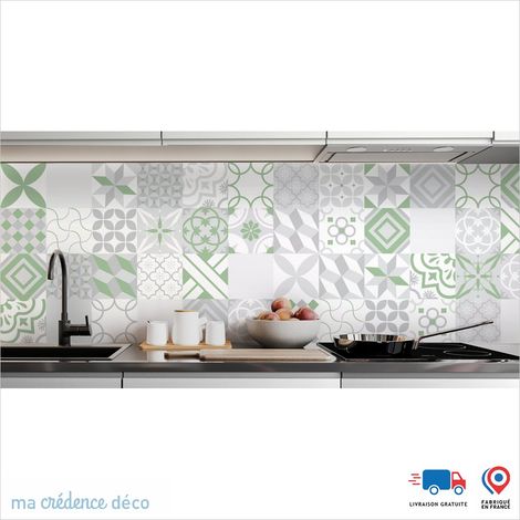 Crédence : Carreaux ciment gris et couleurs - Couleur Vert blanc - Alu composite - 60 - 120 (1/3)