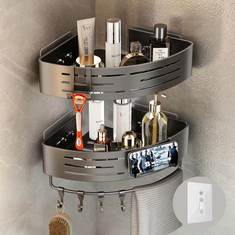 2 Pièces Etagere Douche Angle, Aluminium Antirouille, Porte Serviettes et Crochets, Adhésif Sans Perçage, Salle de Bain Cuisine