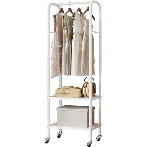 Portant à Vêtements Multifonctionnel en Métal avec Roulettes, Tringle Réglable et Étagères Doubles, Idéal pour Petits Espaces et Angles, Capacité de Charge Élevée, 49x33x172cm, Blanc (1/5)
