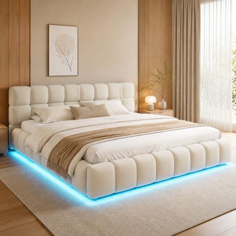 Letto matrimoniale imbottito 180x200 cm moderno in velluto beige con testiera morbida, vano contenitore idraulico e LED