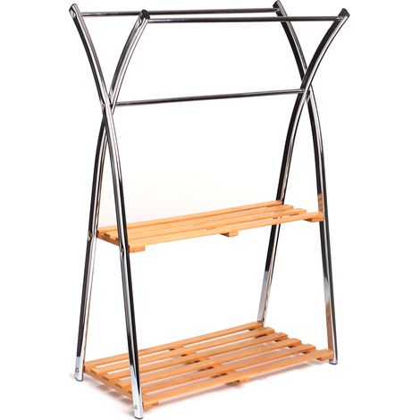 Porte serviettes double avec étagères en bambou, H97 x P33 x L67 cm -PEGANE-