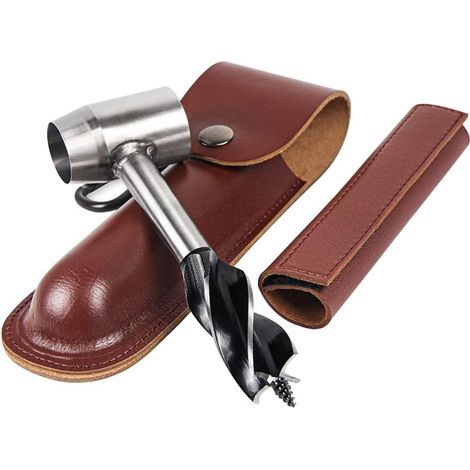 Perceuse à Main Pour Le Travail Du Bois, Perceuse De Survie Manuel avec étui en cuir, Tarière Manuelle Bushcraft Outils, Camping Punch Tool Wood Drill Outdoor Hand Drill Set (Brun) (1/5)