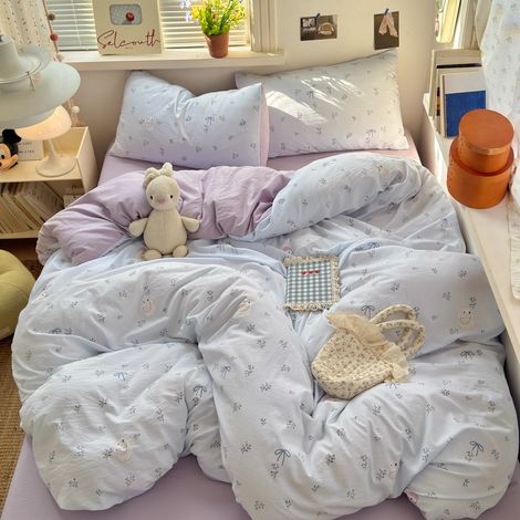 4-teiliges Bettwäsche-Set aus ultra-weicher, gewaschener Baumwolle - Qualität A für Kindergärten - Bettbezug, Spannbettlaken und Bettlaken 180x220cm - Ideal für Studentenwohnheime - Waldhasen-Motiv-ls