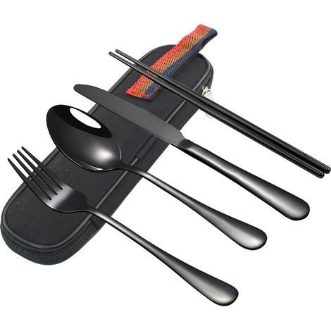 Ensemble de 4 couverts voyage portables acier inoxydable avec étui, réutilisables camping/travail/boîtes à lunch, noir.