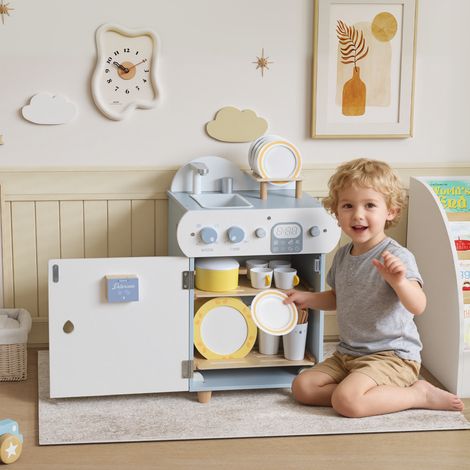 Ensemble de vaisselle pour enfants, lave-vaisselle en bois, 32 accessoires, MDF, à partir de 3 ans, bleu clair