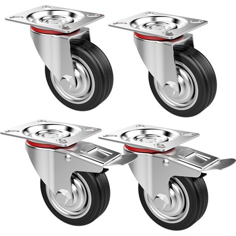 Lot de 4 roulettes pivotantes 7,6 cm caoutchouc 360° acier 2 avec freins charge 50 kg mobilier atelier (1/5)