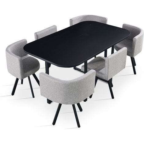 Table rectangulaire 150cm avec 6 chaises gain de place Oslo Noir et Tissu Gris (1/5)