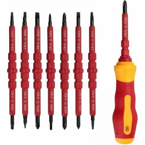 Lntyq Lot de 7 tournevis d'électricien isolé 500 V avec tournevis testeur, tournevis isolé avec poignée, tournevis isolant magnétique interchangeable, kit d'outils de réparation (1/5)