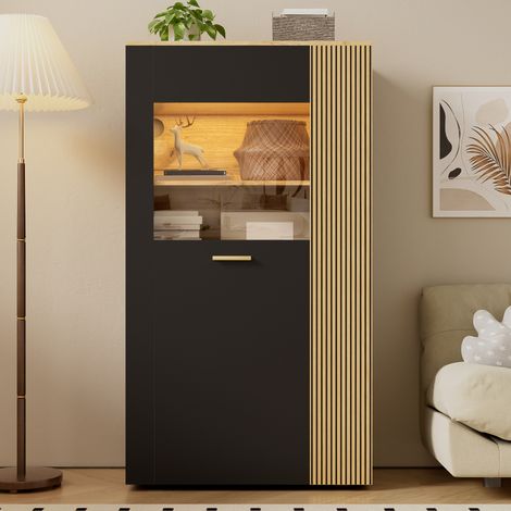 Vitrine en bois moderne 80x40x146 cm avec LED 16 couleurs étagères réglables verre gestion câbles organisateur multifonctionnel Noir