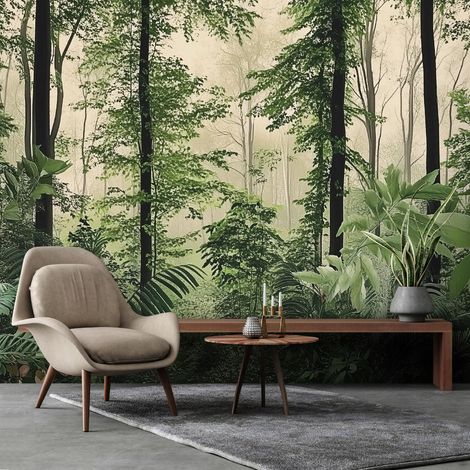 Vlies Fototapete Wald Landchaft 350x250 cm, Tapeten, für Wohn und Schlafzimmer, Vliestapete Wandtapete Tapete 3D Effekt- inkl. Kleister - Dschungel tropisch Grün, WallArena (1/4)