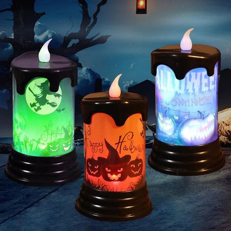 3 bougies LED décoratives Halloween, design flamme électronique, motifs sorcière/chauve-souris/citrouille, pour intérieur et extérieur (1/5)