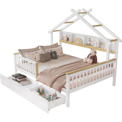 Lit cabane enfant 140x200 cm avec barrières, 2 tiroirs à roulettes, rangements sous le lit, blanc et naturel, en bois, MDF et résine - CHICFURN (1/5)
