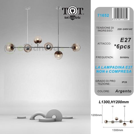 Lampadario sospensione bolle 6 sfere attacco E27 trasparenti in vetro lampada da soffitto in metallo oro argento moderno Argento