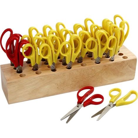 Excellents ciseaux pour enfants. Set de 20 droitiers et 4 gauchers dans un rangement en bois de 24 emplacements. réf 11227