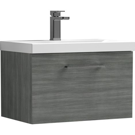 Balterley 600mm Wall Hung Bathroom 1 Drawer Vanity Unit & 1 Tap Hole Ceramic Basin, Woodgrain Anthracite & Brushed Pewter Handle (1/5)