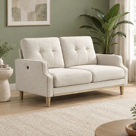 Divano dritto 2 posti 135x72x85 cm in legno e tessuto beige con porta USB FloraGrace