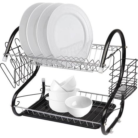 GROOFOO Multifunctional S-shaped Dual Layers Bowls & Dishes & Chopsticks & Spoons Collection Shelf Dish Drai Black (1/5)