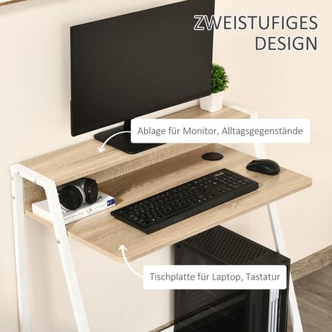 Bureau de travail design avec étagères et passe-câbles, cadre en acier, parfait pour étudier, chambre ou télétravail. Taille : 84 x 45 x 85 cm. Coloris : blanc et chêne.