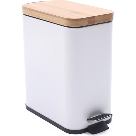 Cosmetic Bin, 5L Trash Can Pedal Trash Can with Bamboo Lid for Bathroom Bedroom Kitchen Office (White) (1/5)