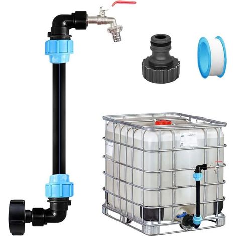 Robinet Col de Cygne pour Cuve 1000L, Kit Raccordement IBC avec Sortie 3/4 Pouce, Adaptateur Réservoir et Accessoires pour Récupérateur d'Eau de Pluie- (1/4)