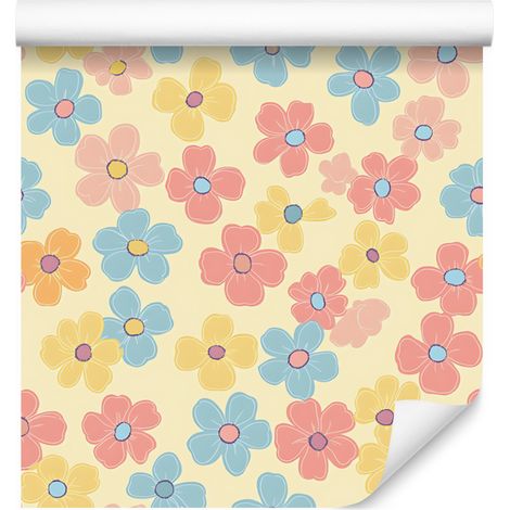 Blumentapete in Creme, Koralle und Türkis für Wohn- und Schlafzimmer, 50 x 1000 cm (1/5)
