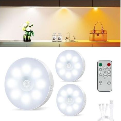 Wiederaufladbare USB-Bewegungsmelder-Innenleuchte, 3er-Pack kabellose Schrankleuchte, einstellbare Helligkeit mit 3 Farben, LED-Nachtlicht mit Fernbedienung für Schlafzimmer, Küche, Treppenhaus, Flur (1/5)