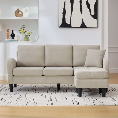 REDOM - Canapé 3 places d'angle modulaire 166x118x77 cm, chaise longue réversible, assise confortable, tissu cord, mousse, gris clair (1/5)
