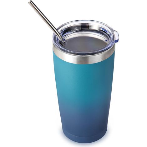 Lot de 1 gobelet de voyage en acier inoxydable de 591 ml avec couvercle et paille, tasse à café glacé à double paroi isotherme pour boissons chaudes et froides, gobelet de voyage pour (1/5)
