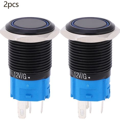 2 interrupteurs poussoirs 12V DC 16mm 5 broches auto-verrouillants IP65 étanches avec voyant bleu (1/5)