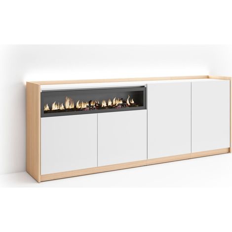 Skraut Home - Aparador para salón, Gran capacidad de almacenaje, 207x37x80cm, 4 Puertas, Chimenea eléctrica, LED, Estilo Moderno, Blanco y roble soft (1/5)