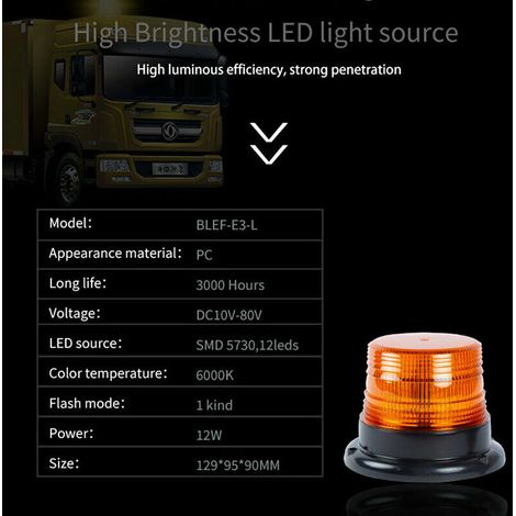Per Lampeggianti e accessori per la motorizzazione Faro rotante a LED arancione, luce stroboscopica di emergenza 12V Segnalazioni di allarme Luci ambra per faro stroboscopico per veicoli camion (1/4)